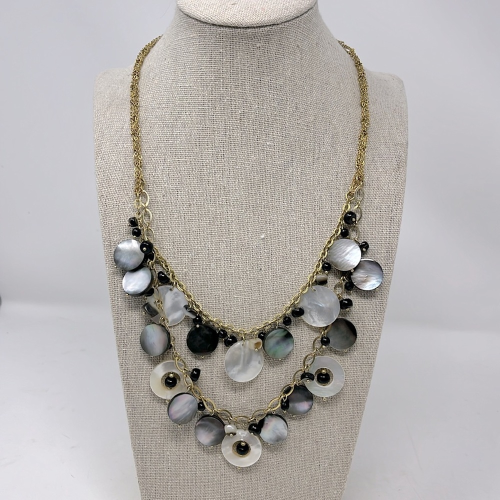 Vintage MOTHER OF PEARL Abalone Beaded Necklace 20” Goldtone 1" Shells Tropical